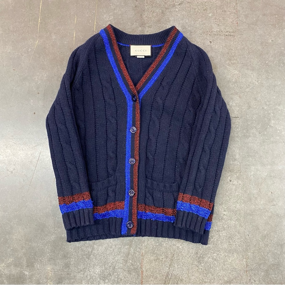 Gucci Cable Knit Cardigan Navy Stripe Trim Lambs Wool Sweater Women’s Large‎ - Picture 2 of 11